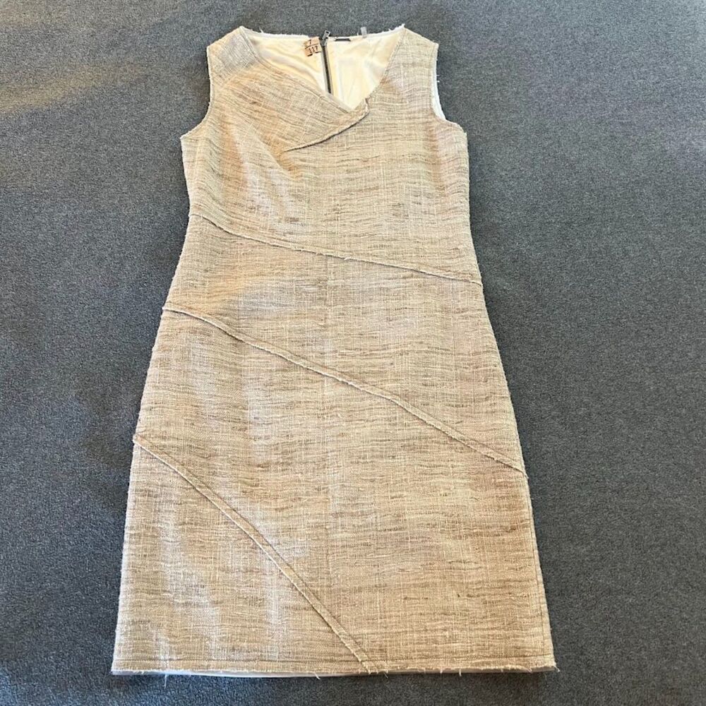 Elie Tahari Dress Sleeveless Shift Textured Beige Silk Asymmetrical Seams Size 4